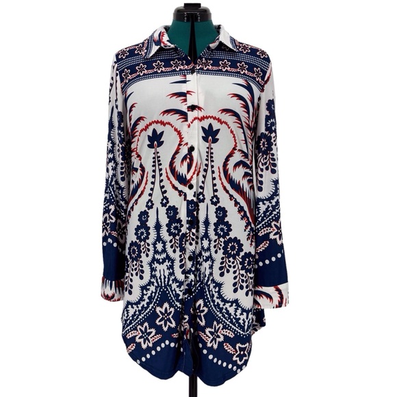 Reborn White, Red & Blue Abstract Paisley and Striped Buttoned Tunic Top, Medium - Picture 3 of 16